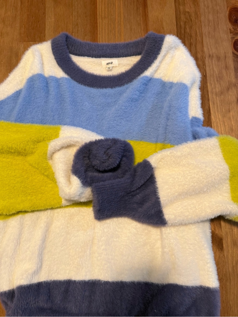 American Eagle Cozy Striped Crewneck Sweater in Blue, White & Lime - eci